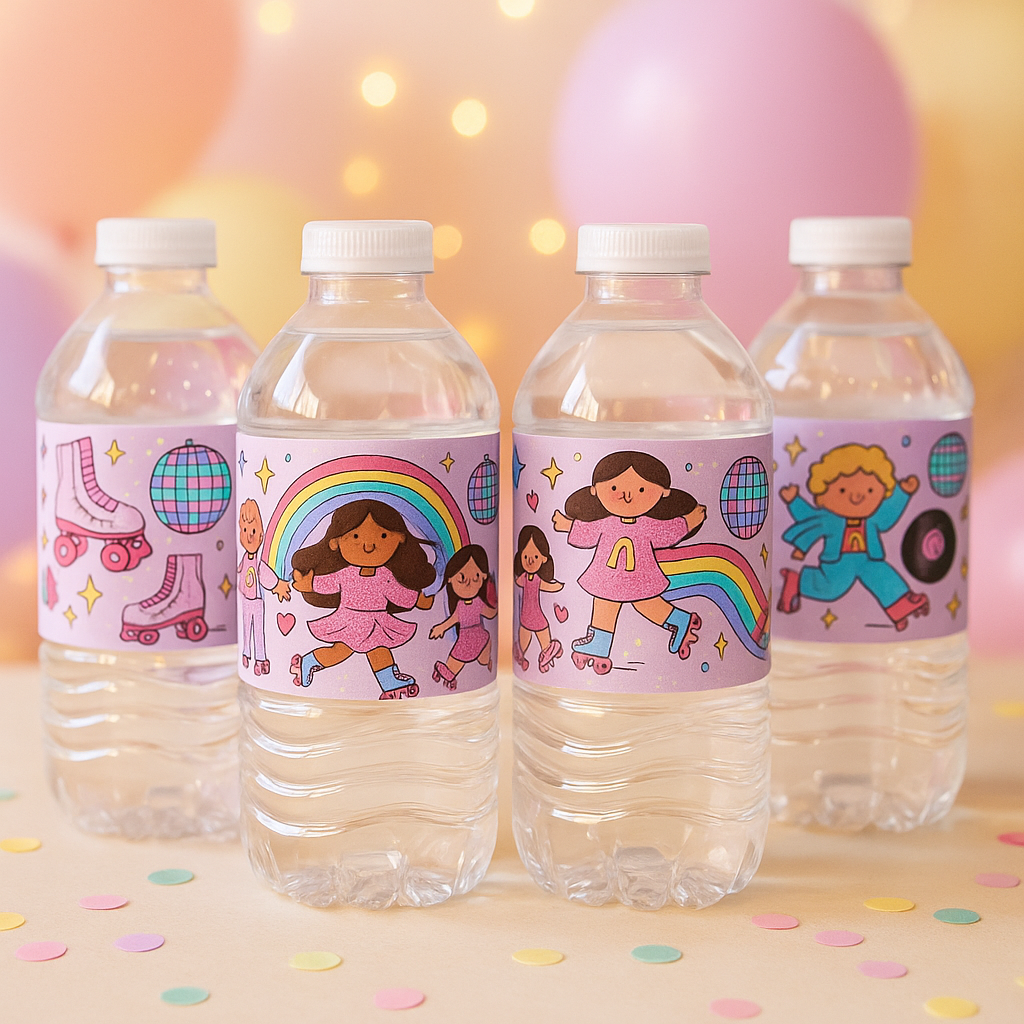 Roller skating party water bottle label
